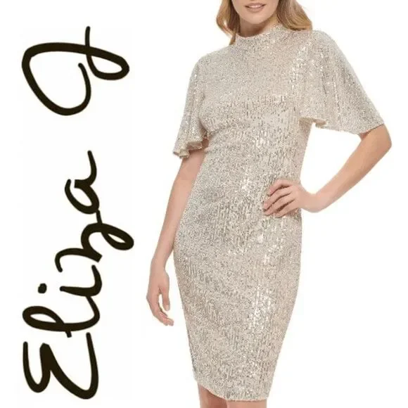Eliza J | Dresses | Eliza J Silver Sequin Sheath Flutter Sleevemock Neck  Dress Size 2 168 Nwt | Poshmark